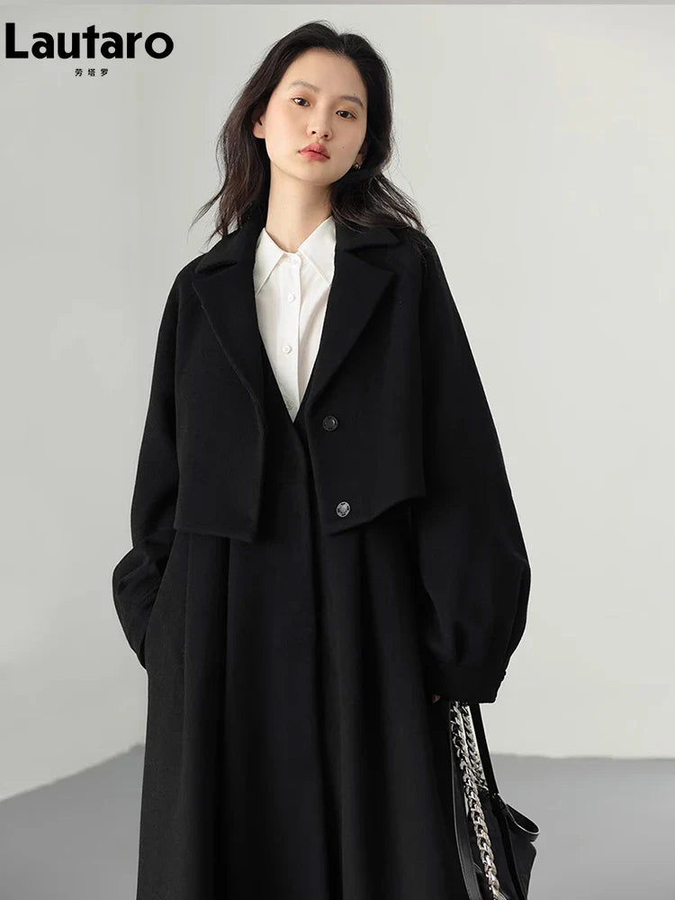 Autumn Winter Long Flowy Luxury Vintage Black Warm Thick Woolen Coat Women Luxury Designer Fake 2 Pieces Clothes 2023