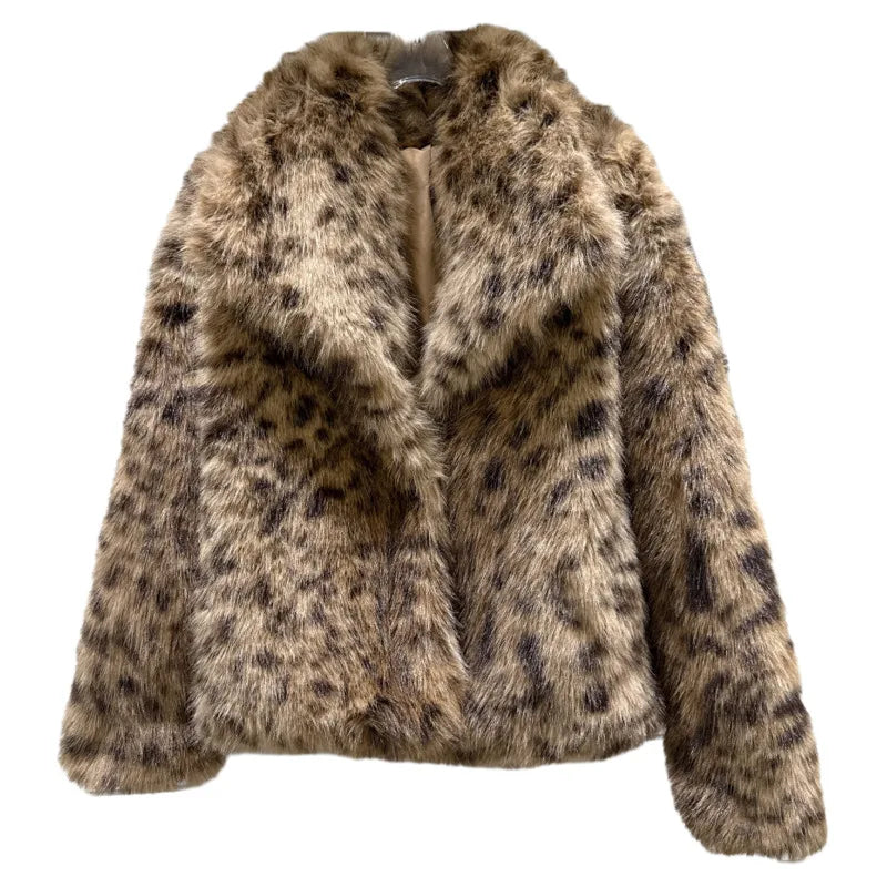Winter New Fashion Leopard Print Furry Warm Faux Fur Coat For Women Loose Jacket Female Trend 11A07735