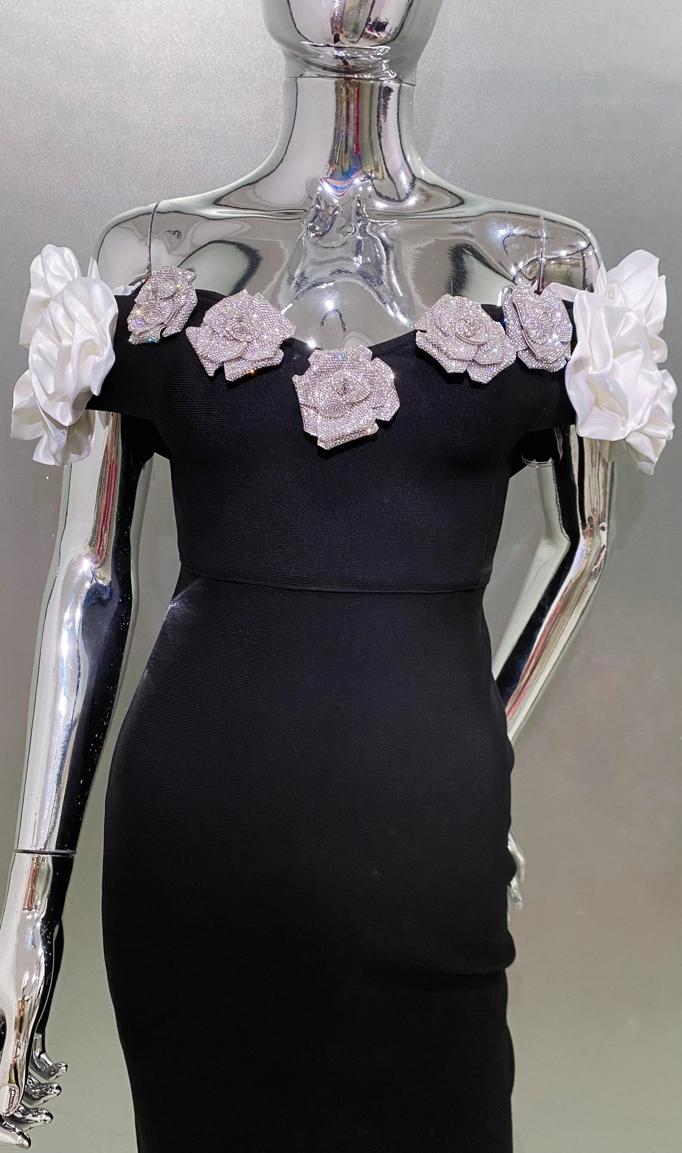 Stereoscopic Diamond Flowers Sexy Off The Shoulder Ankle Lenght Bandage Dress Woman Birthday Party Vestido Wedding Party Outfit