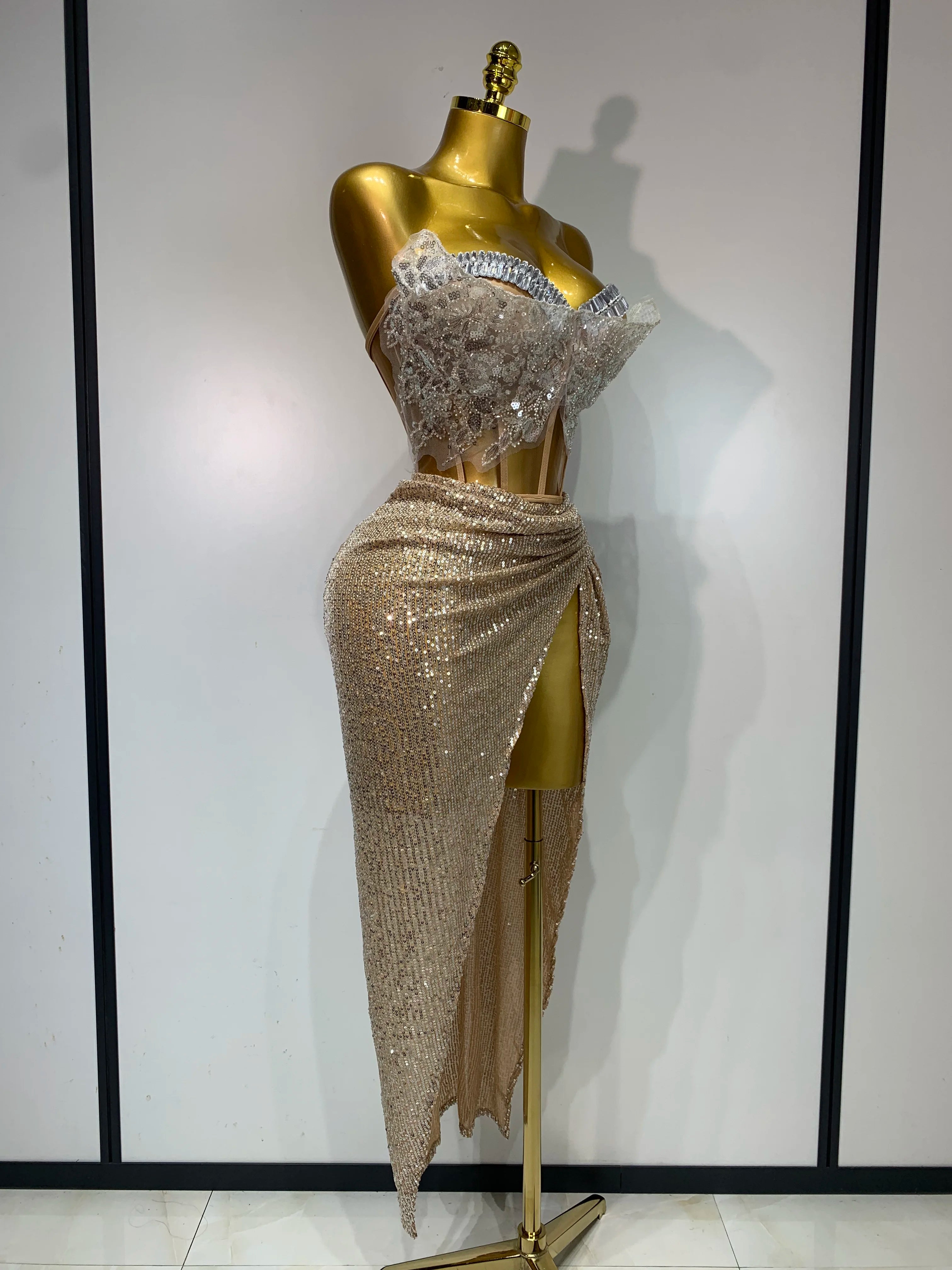 Women Sexy Singer Dancer Performan Costume Night Club Bar Girl Sparkly Sequins Diamond Party Two Piece Set Evening 0utfit