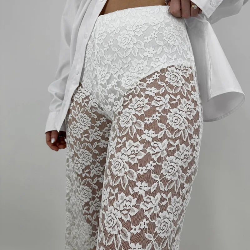 Women Clothing Lace Pant Summer New Female Sexy Club Hollow Out White Black High Waist Long Trousers Fashion Streetwear