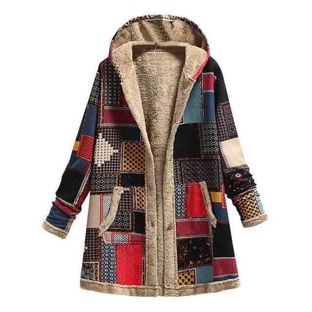 Print Casual Women Coat Vintage Hooded Overcoat Female Fashion Warm Long Sleeve Coats Ladies Plush Jacket Autumn Winter Red