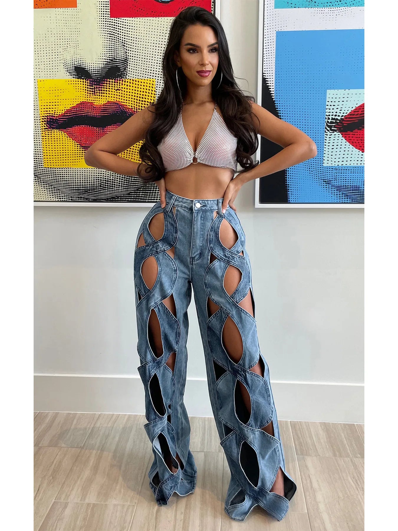 Women Vintage Cutout Hollow Out Criss Cross Straight Denim Pants 2024 Fashion INS High Waist Wide Leg Jeans Trousers Light Blue