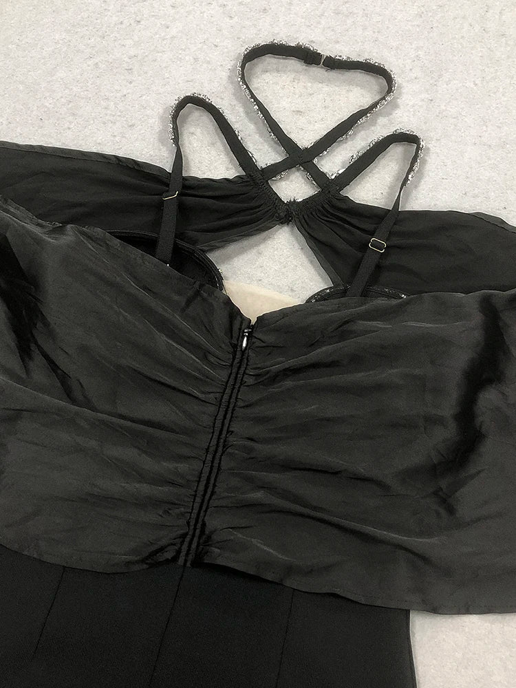 Eye-Catching Off-Shoulder V-Neck Hot Pink & Black Dress with Crystal Party Evening Gown