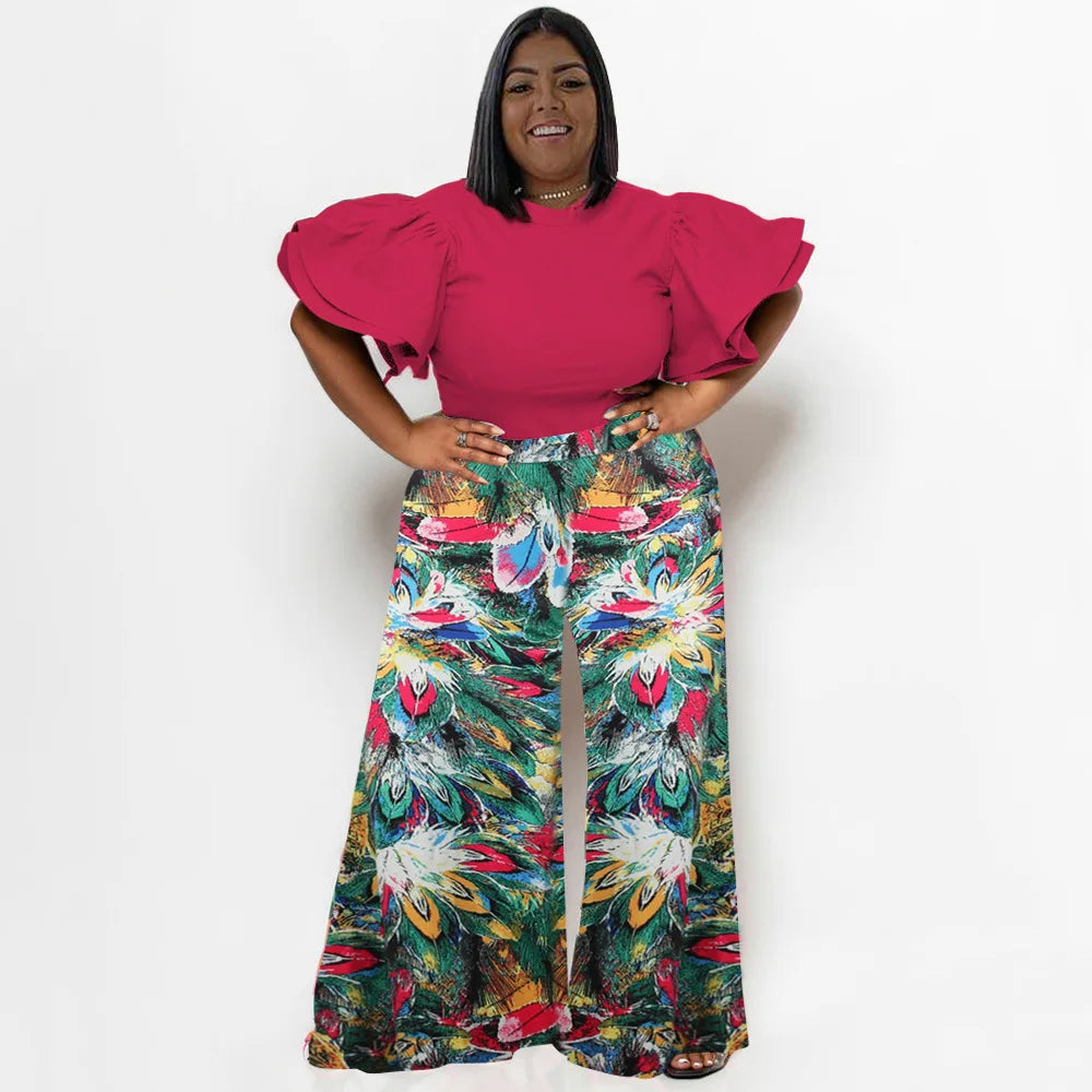 Plus Size Summer 2 Two Piece Set Women Ruffle Pleated Fashion Slim Ladies Blouses Floral Print Loose Pleated Woman Wide Leg Pant Rose Red