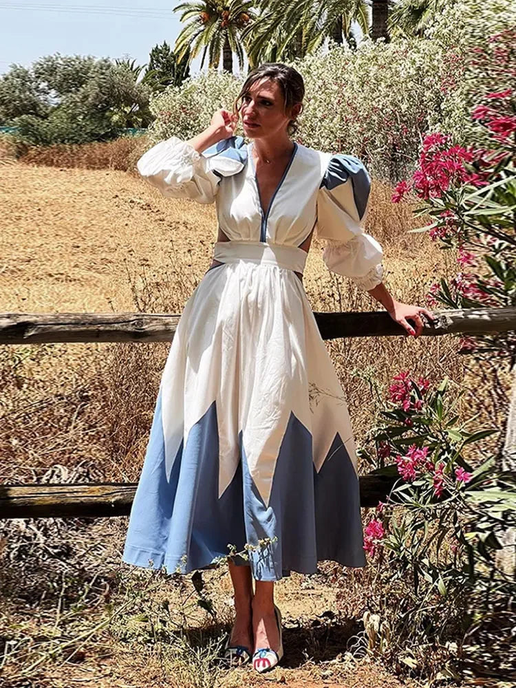 Lady Elegant V-neck Printed Maxi Dress Casual Back Hollow Out Lace Up Lantern Sleeve Robe Women Chic High Street Vestidos