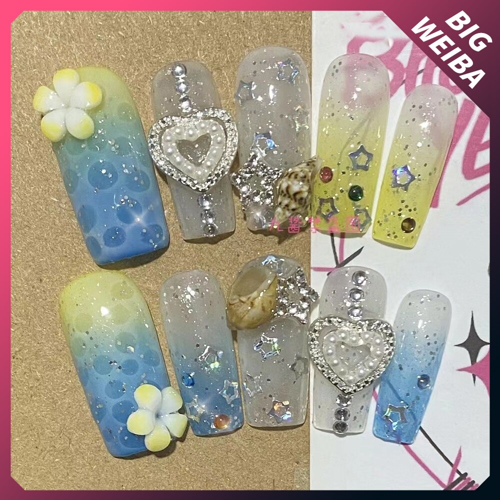Été plage voyage vacances Hello Kitty conque ongles fille bleu jeunesse travail manuel personnalisable faux ongles fille soeur cadeau
