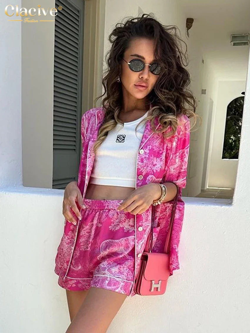 Clacive Fashion Loose Print 2 Piece Set Women Outfit Summer Short Sleeve Shirt With High Waist Shorts Set Female Streetwear