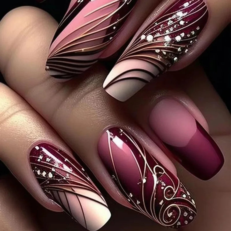 24Pcs Fashion Fake Nails Press on Long Ballet False Nails Art with Flower Design Brown Detachable Full Cover Nail Tips Manicure 1620