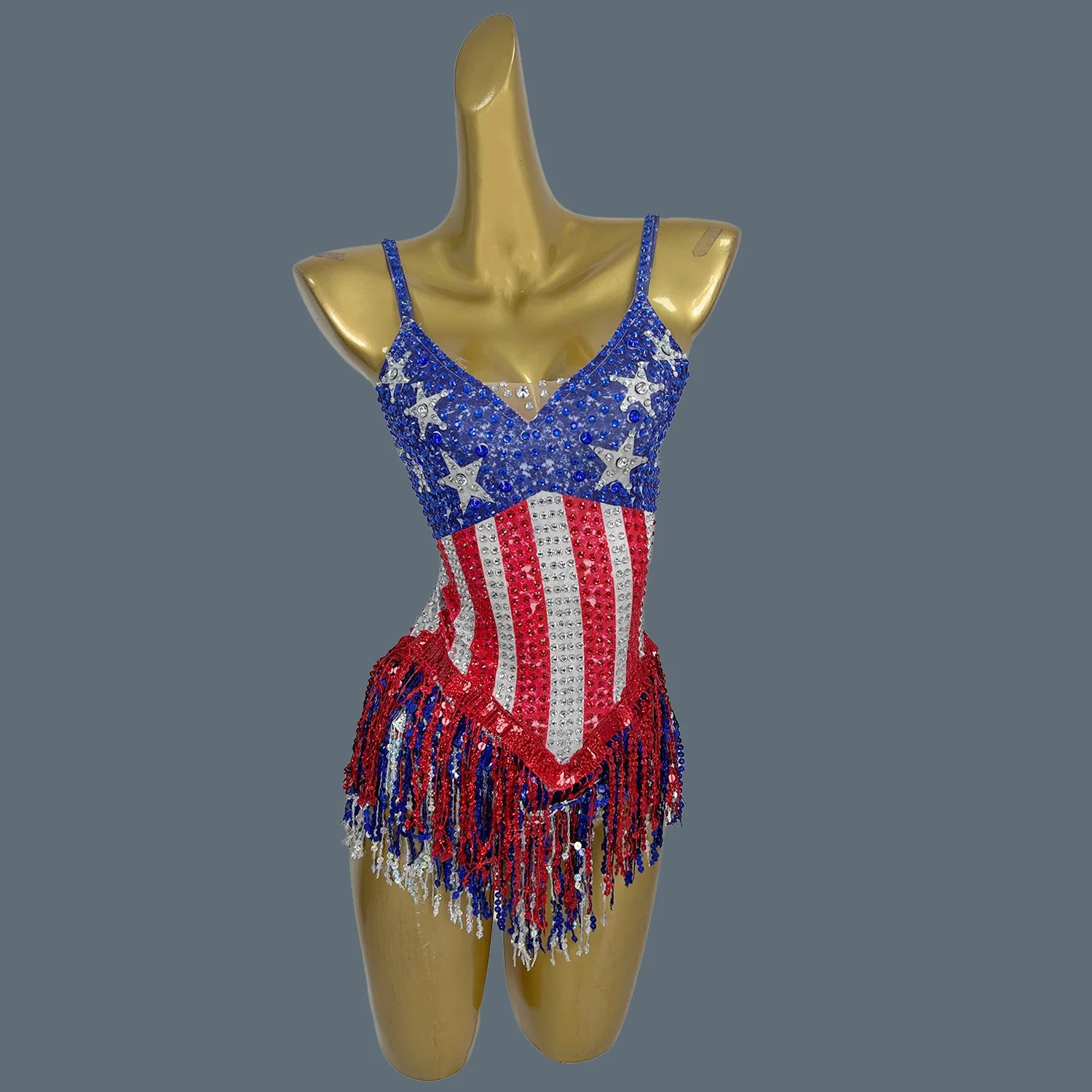 Sparkly Rhinestone Five Pointed Star Tassel Bodysuit Sexy Women Dance Performance Bodysuit Latino Dance Team gig Wear Maxituan