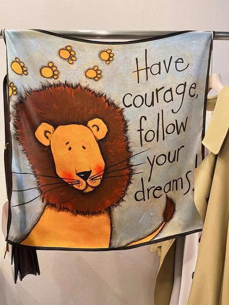 BYSIFA| New Grey Blue Silk Scarf Fashion Floral Design 70cm Square Scarves Fall Winter Neck Scarf Hijab Sweet Headband 65*65cm grey lion