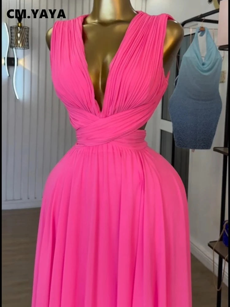 CM.YAYA Women Sleeveless Cutout Back Wrap V-neck Pleated A-line Chiffon Maxi Long Dress Birthday Vacation Sexy Party Dresses