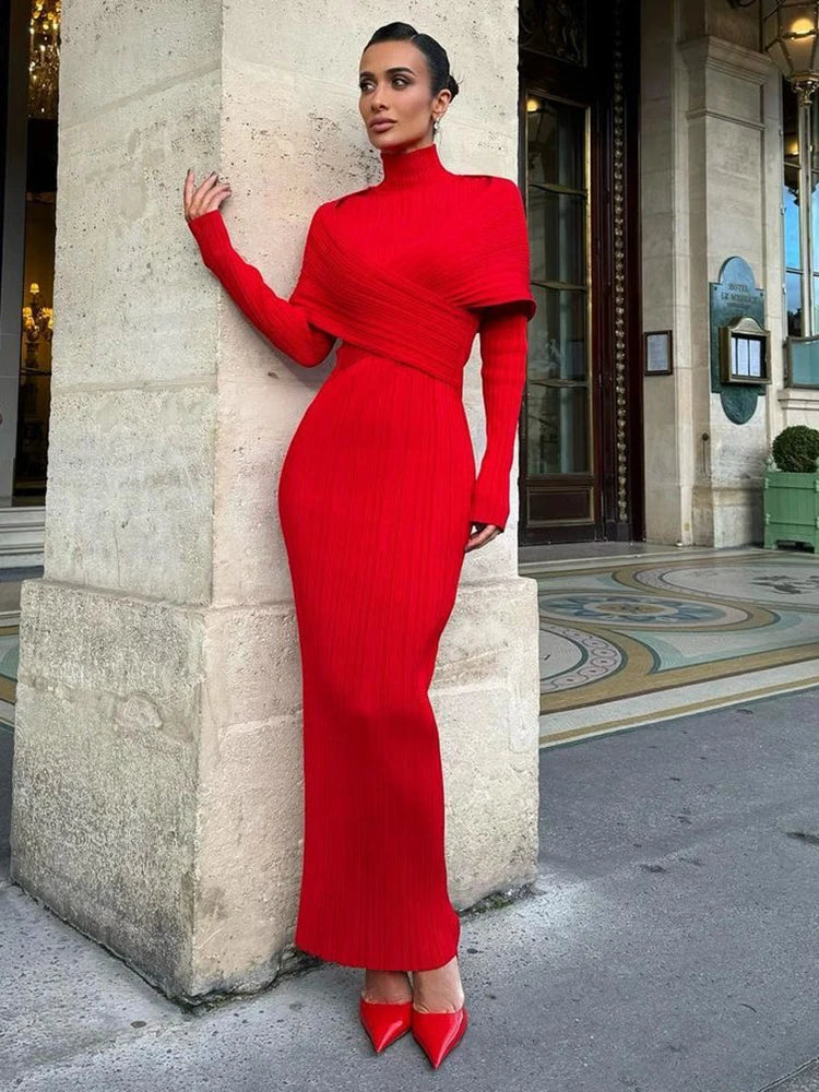 Red Jacquard Bandage Long Dress Turtle Neck Cross Design knitted Slim Fit Shawl Style Long Sleeves Pleated Evening Gown