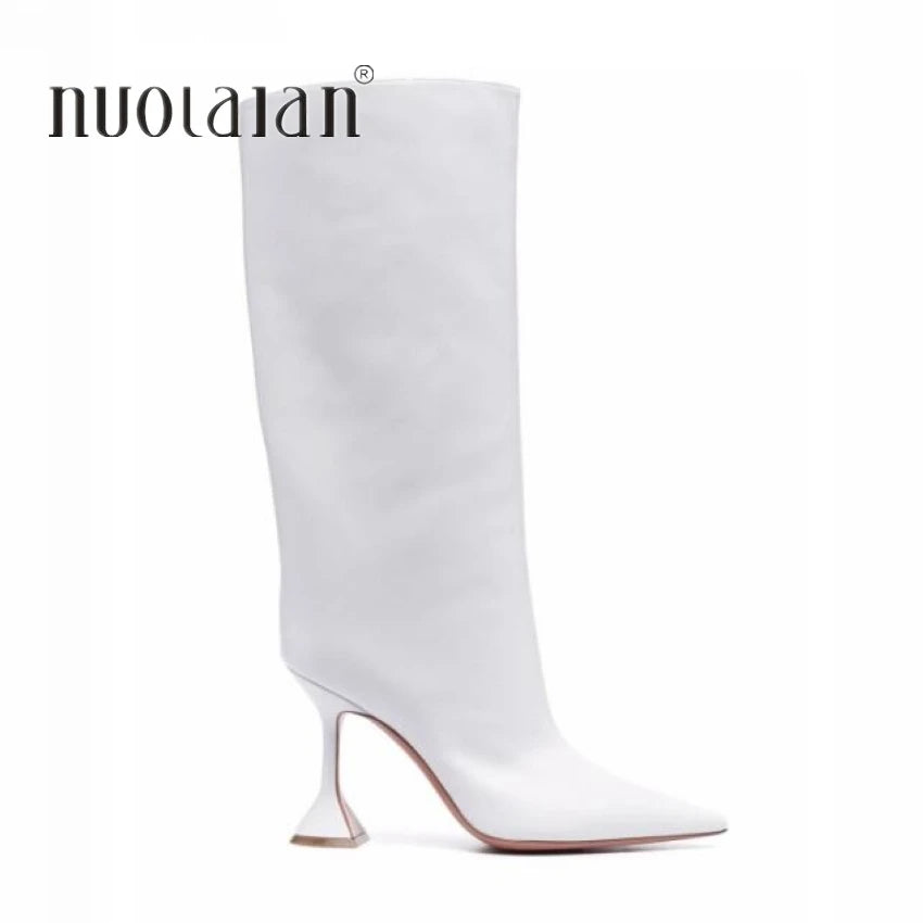 Women's Knee High Boots Pointed Toe Long High-heeled Boots Designer Luxury Brand Women's Leather Boots DTCX white