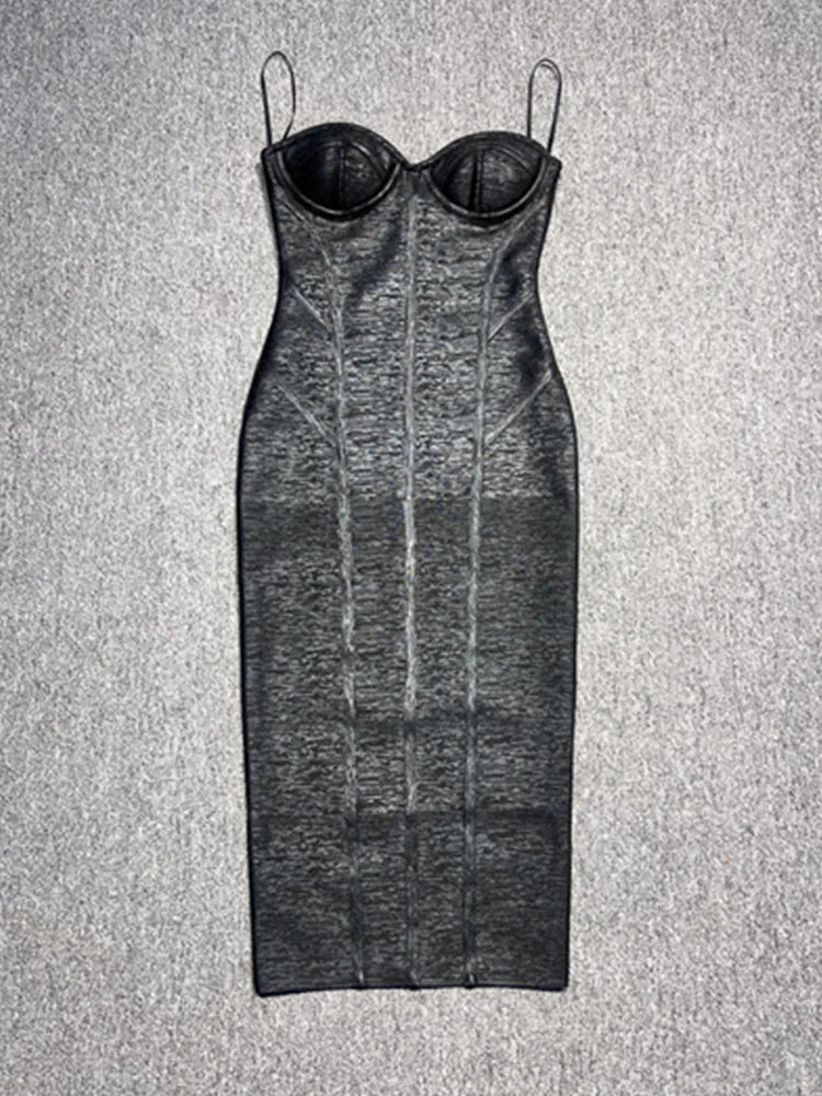 Women Celebrity Sexy Strapless Backless Bronzing Black Midi Summer Bandage Bodycon Dress 2025 Elegant Evening Club Party Outfit