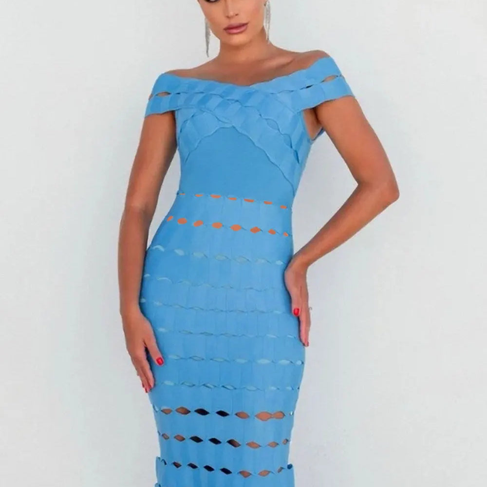 2025 Spring Sexy Women Hollow Cut Design Bandage Dress with One Collar Shoulders Bodycon Backless Midi Dress Club Party Vestidos