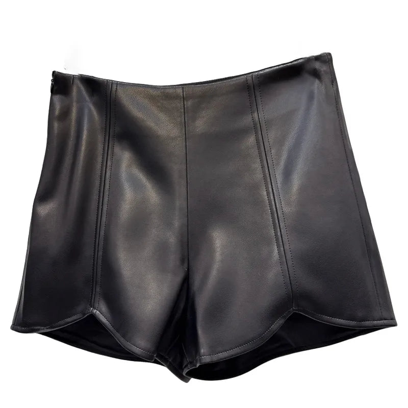 Winter New Fashion Style Stripe Stitching Design PU Leather Shorts For Women Solid Color Short Pants Female 11A07956