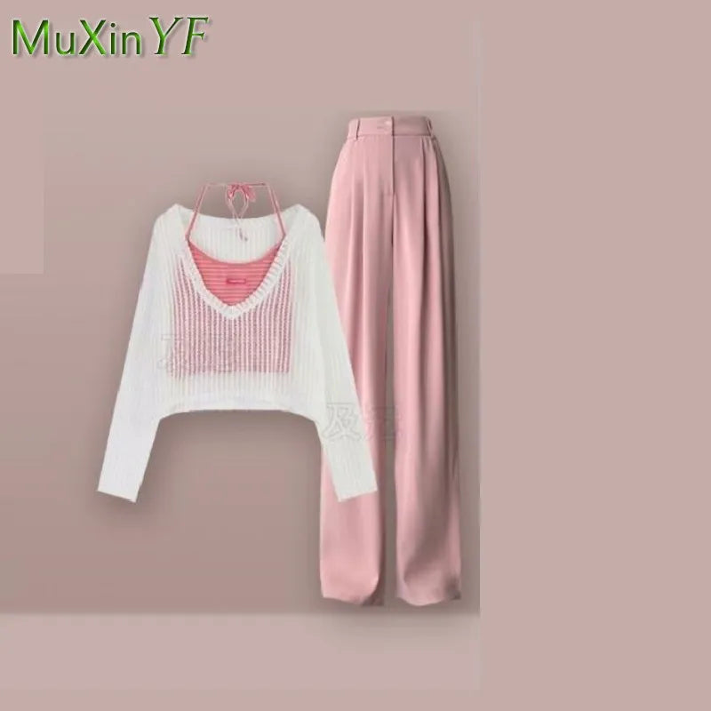 女性の夏のファッション中空アウトシャツ + サスペンダー + ワイドレッグパンツスリーピース 2023 新マッチングセット韓国エレガントなトラックスーツ