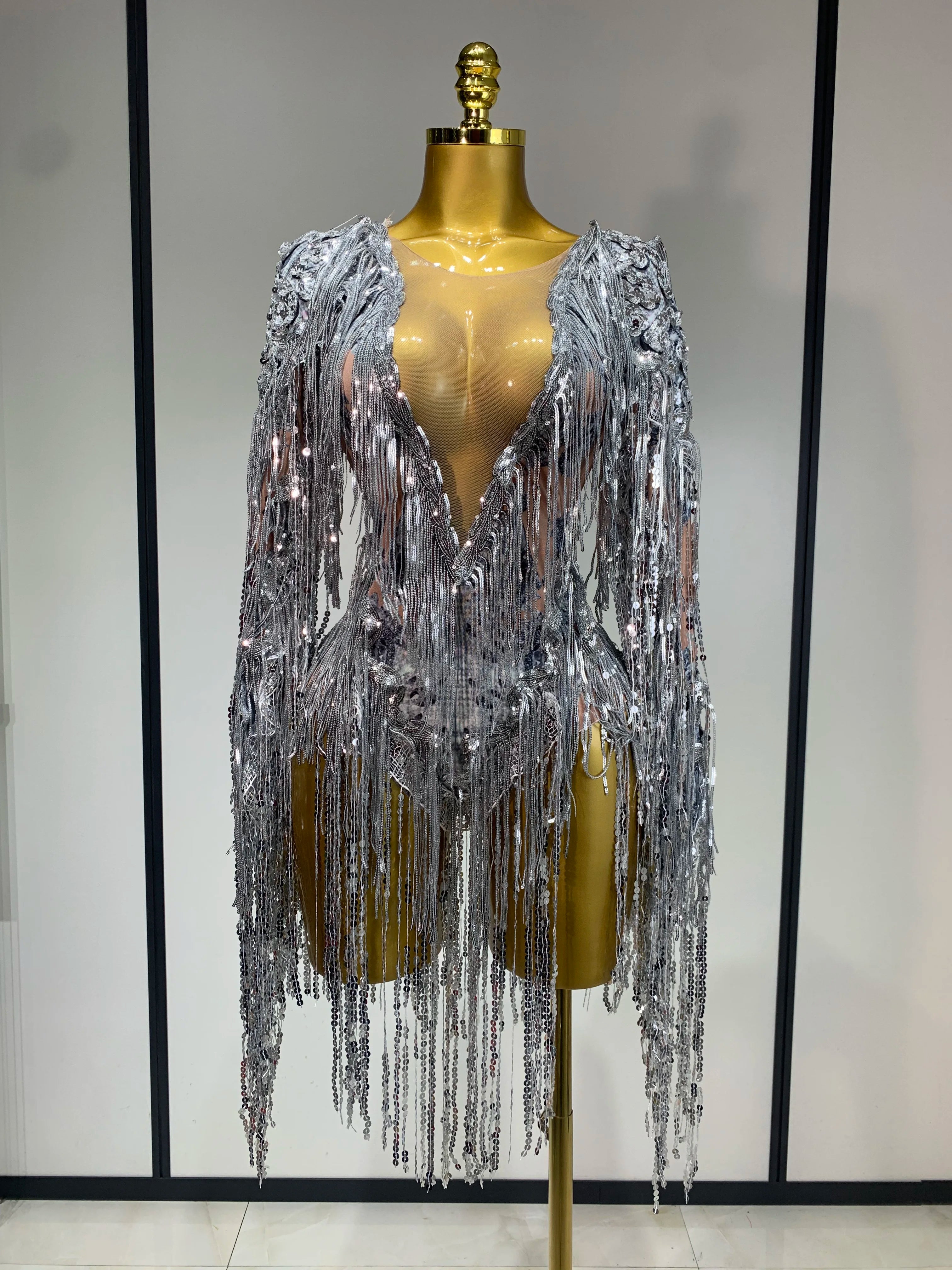 Sparkly Sequin Tassels Long Sleeve Silver Bodysuit Bar Women Singer Show Costume Celebrate Outfit Evening Dance Stage Outfit Silver