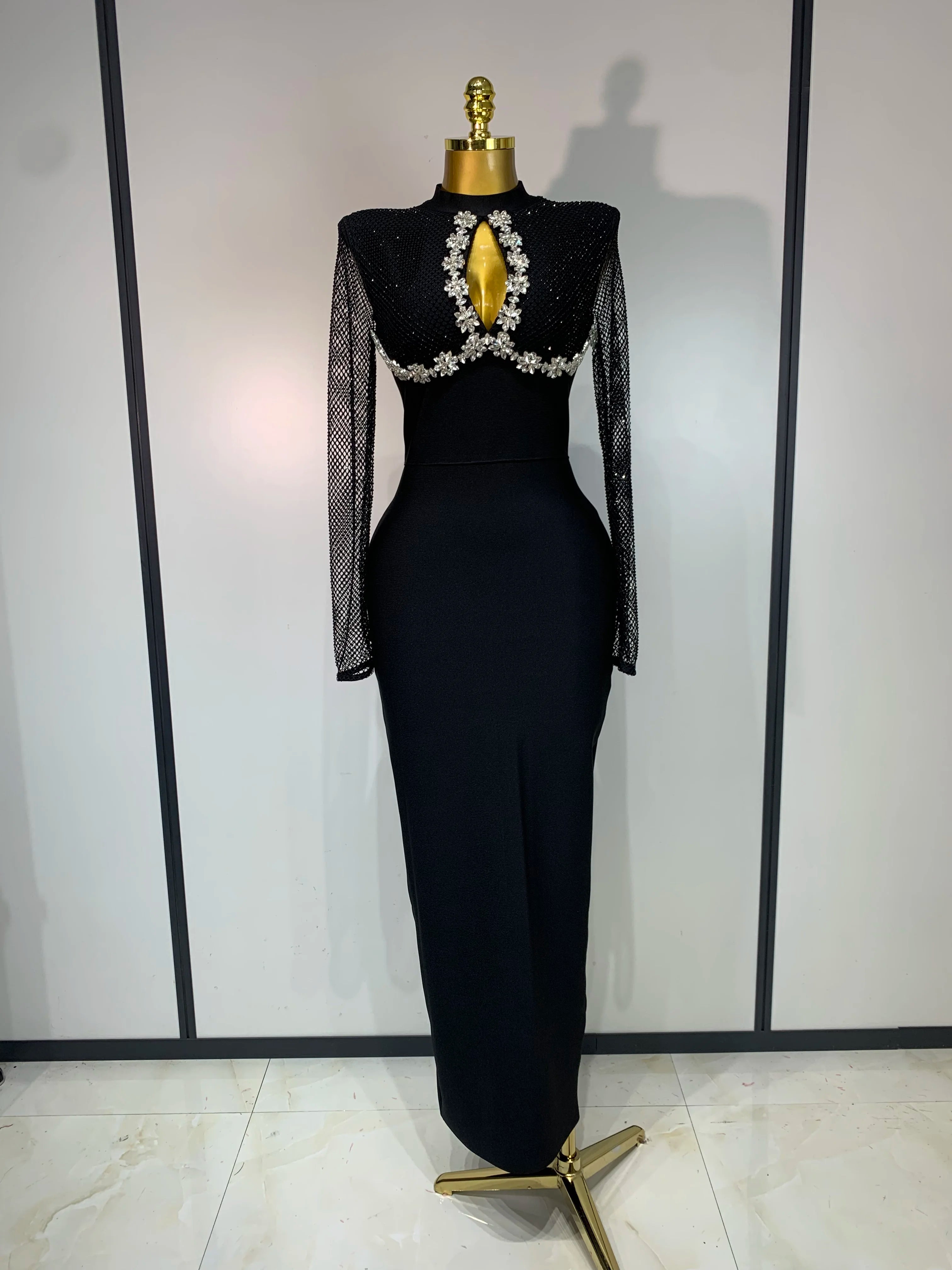 Women Sexy Long Sleeve Beading Black Maxi Long Bandage Dresses Birthday Party Celebrity Elegant Knitted Bodycon Club Dress black