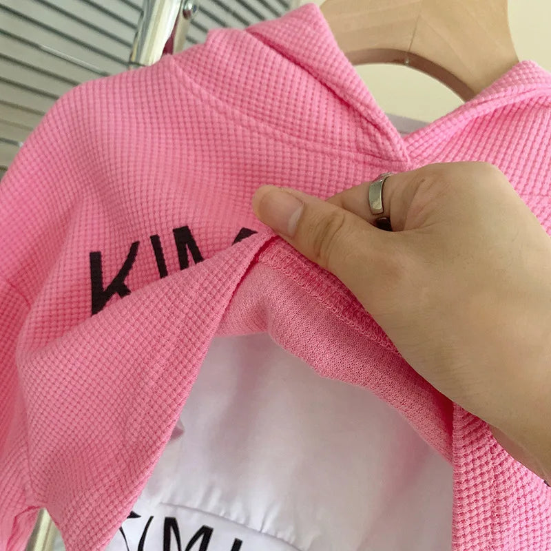 Spring Autumn Baby Girls Waffle Alphabet Crop Hoodie+Drawstring Sweatpant+Tee Tops Kids Tracksuit Child 3PCS Outfit Sets 1-9 Yrs