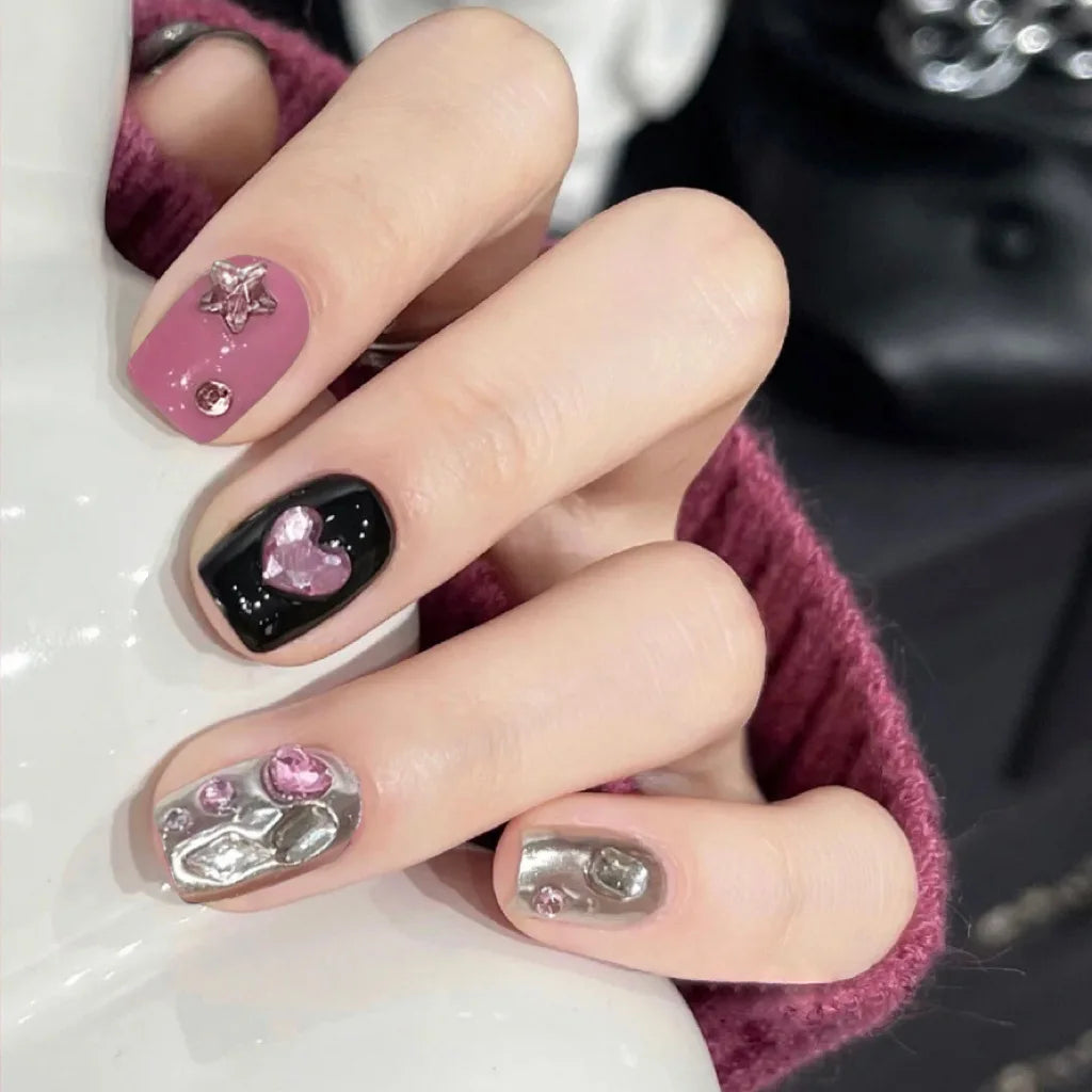 24Pcs Dark Black Stars Cat's Eye Press on Nails Set Summer Cute Wearing Short Fake Nail Patch Detachable Finished Nail Tips Art 6
