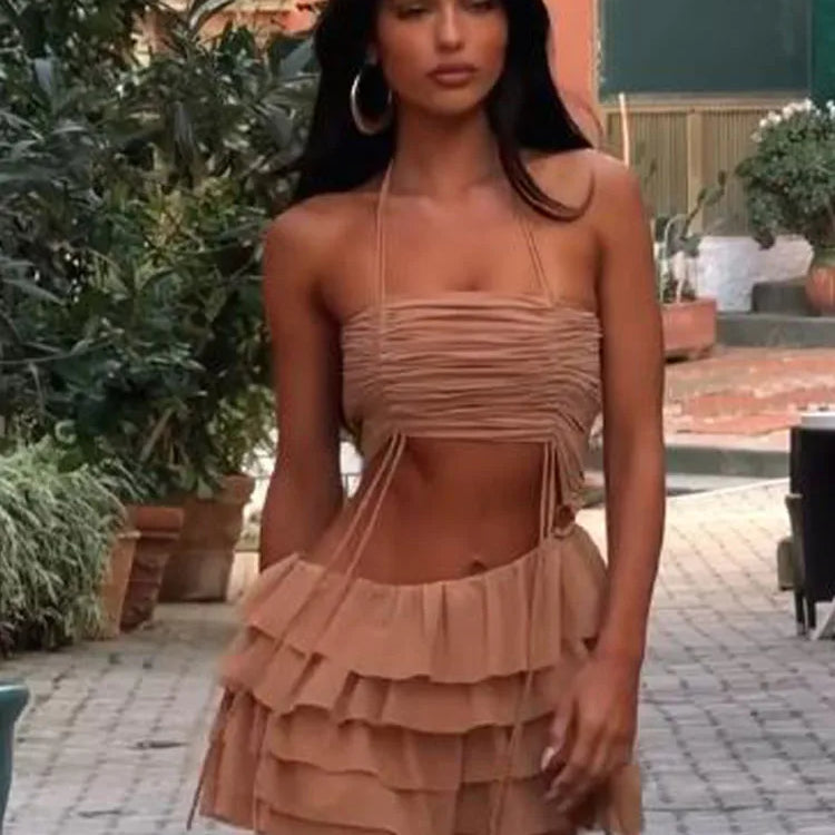 Retro Brown Ruffles Hem Women's Outfits Sexy Pleated Halter Copped Top Suit Casual High Waist Mini Skirt 2pcs Set Summer Holiday Picture Color