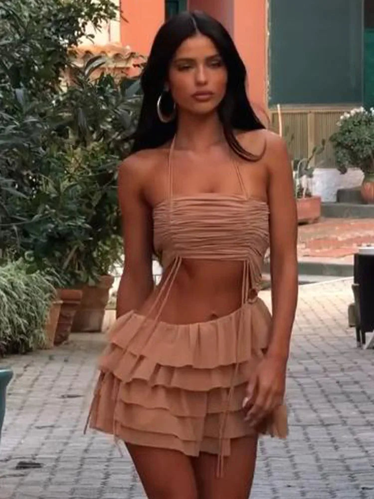 Retro Brown Ruffles Hem Women's Outfits Sexy Pleated Halter Copped Top Suit Casual High Waist Mini Skirt 2pcs Set Summer Holiday Picture Color