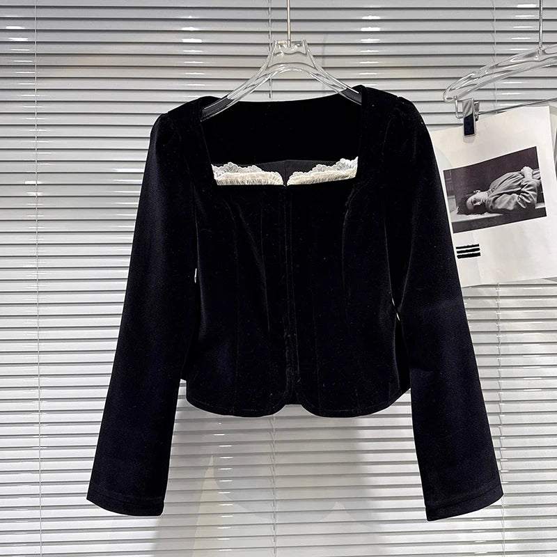 Winter New Fashion Lace Edge Square Collar Waist Design Velvet Short Coat For Women Elegant High Waist Jacket 11A07962 Black
