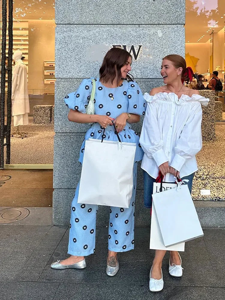 Women Print Ruffles Shirts 2 Pcs Sets Fashion Short Puff Sleeve Round Neck Tops High Waist Pant Suits New Lady Commuting Outfit