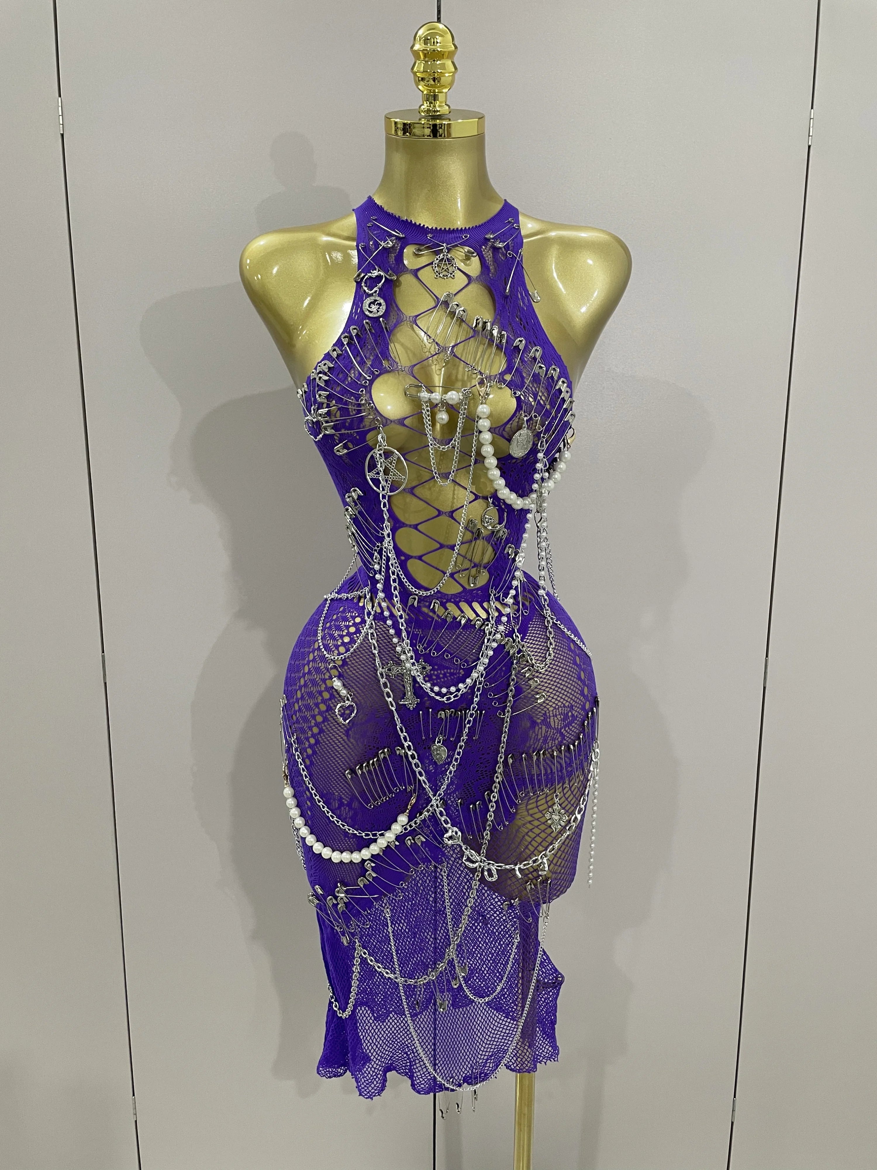 Sexy Black See-Through Pin Decoration Chain Beading Short Dress 2025 Women Birthday Evening Party Nightclub Performance Costume PURPLE