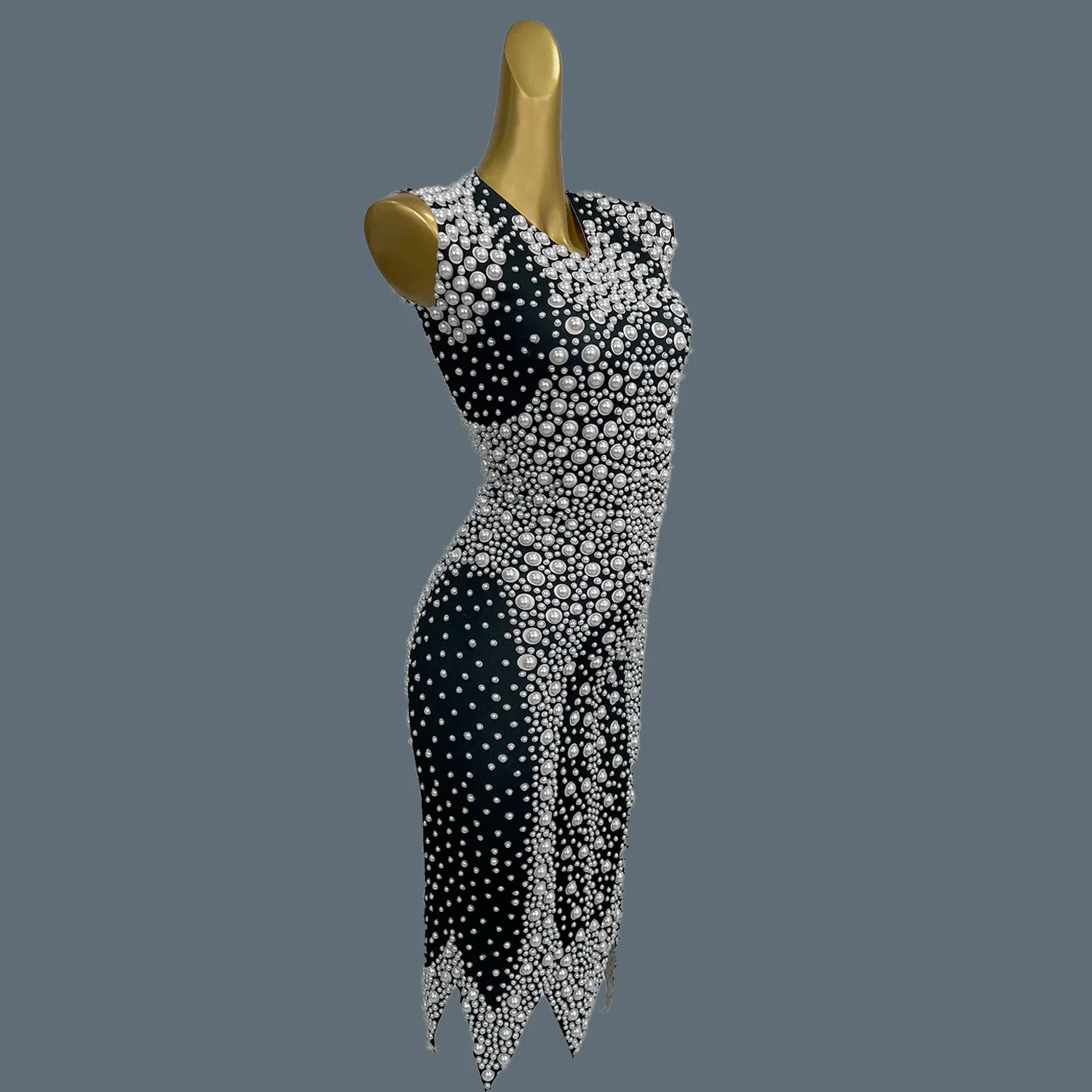 High-end White Pearls Black Mini Dress Sleeveless Bodycon Sexy Dress P