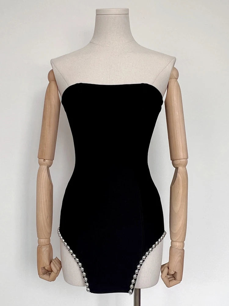 Sexy Strapless Balck Mini Dress Women Chic Rivet Design Bodycon Bandage Night Club Party Dress