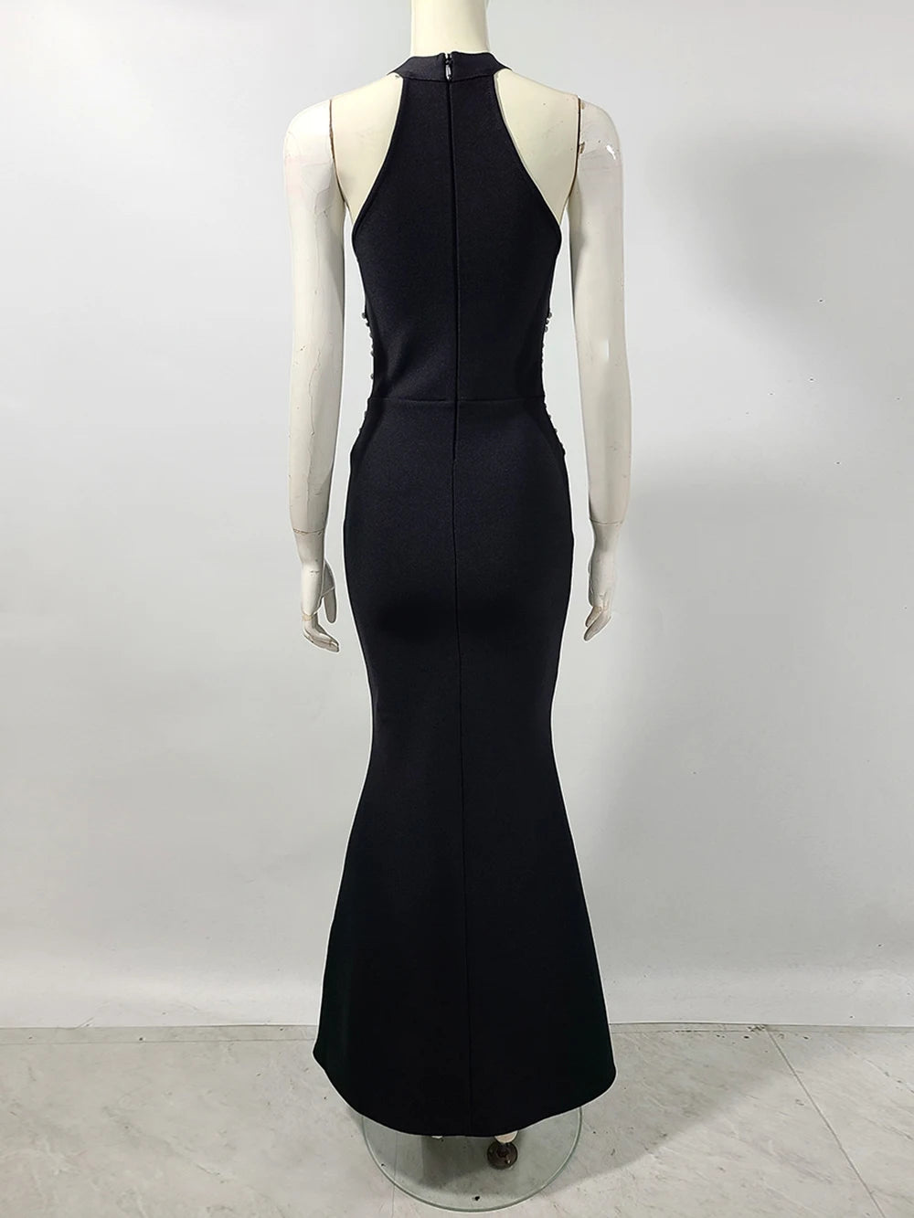 Elegant Black Halter Bandage Maxi Dress with Diamond Bodycon Sleeveless Vestidos Celebrity Party Runway Occasions Evening Gown