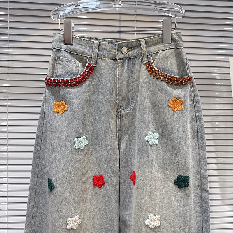 Autumn Winter New Fashion Rhinestone Pocket Knitted Flower Decoration Wide-Leg Jeans For Women Straight Pants 11A07801