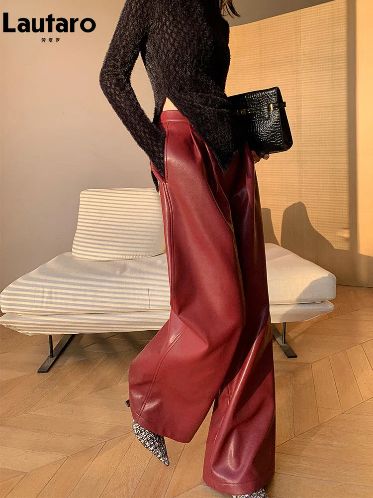 Spring Autumn Loose Casual Soft Black Burgundy Pu Leather Wide Leg Pants for Women High Waist Korean Style Fashion 2023
