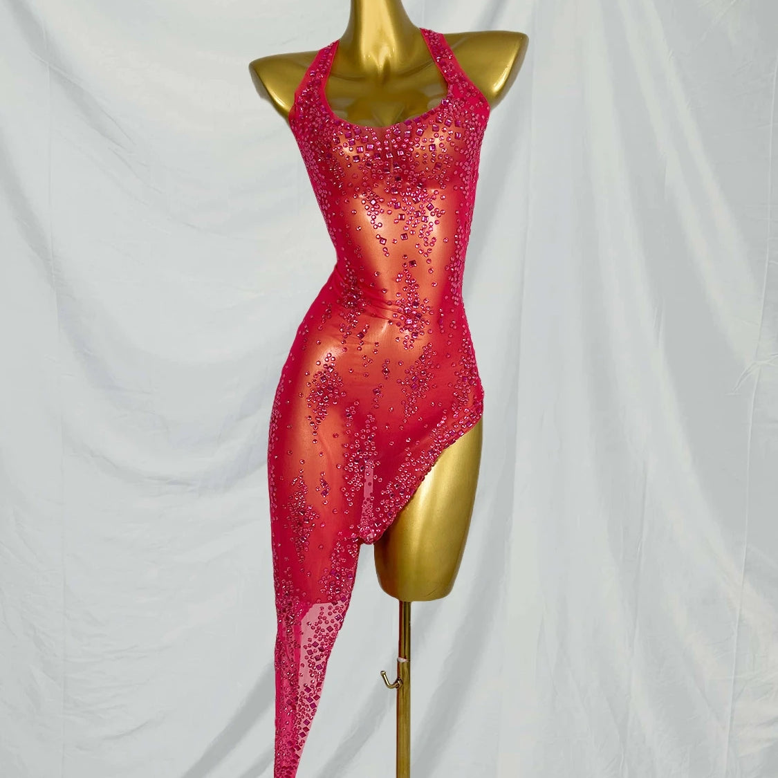 Nightclub Mini Dress Singer Stage Performance Wear Bar Party Asymmetrical Dress Sparkly Rhinestones Sleeveless Mesh Dress Xinghe Rose Red One Size