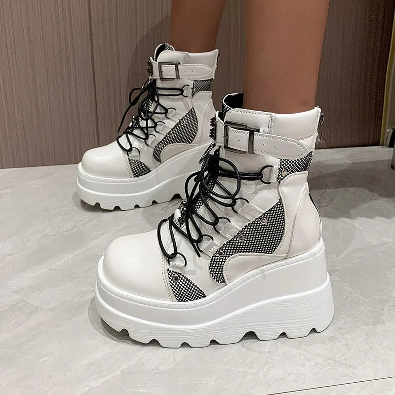 Women's Punk Style Thick-soled Wedge-heeled Knight Boots Large Size Cross-lace Thick-soled Mid-tube Women's Gothic Cowboy Boots WHITE