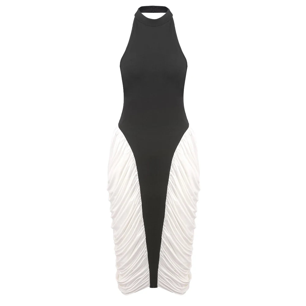 Urban Color Block Halter Sleeveless Midi Dress with Ruffle Detail for Party Formal Events AS PIC