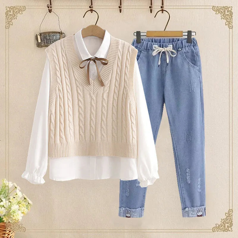 Women's Korean Preppy Style Student 3 Piece Clothing Set Spring Fall Girls Casual Bow Shirt Knit Vest Denim Pants Outfits Beige 3PCS Set