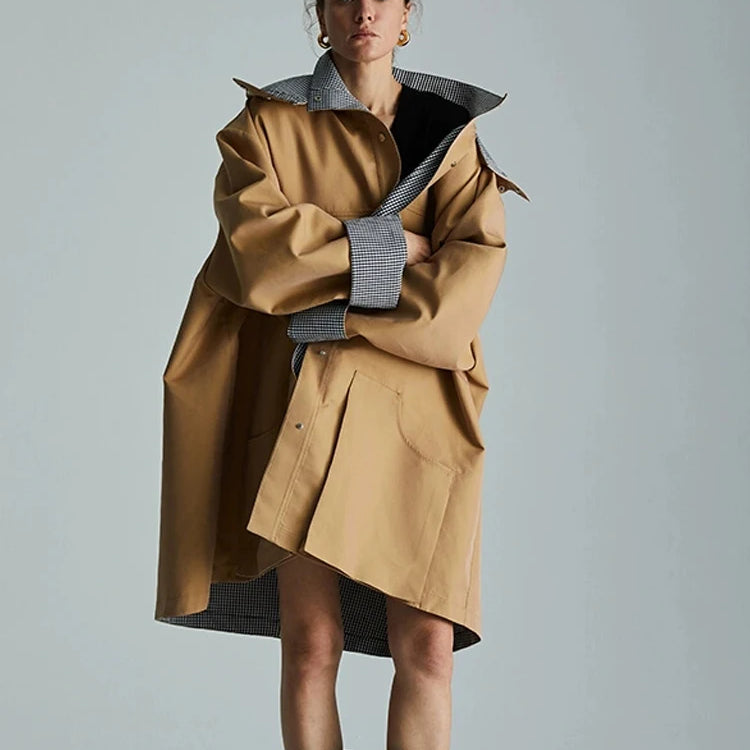 Lautaro Spring Autumn Cool Oversized Waterproof Khaki Patchwork Checkerboard Trench Coat for Women with Detachable Hood Fashion Patchwork