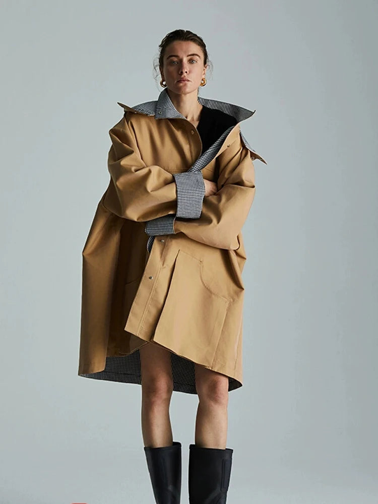 Lautaro Spring Autumn Cool Oversized Waterproof Khaki Patchwork Checkerboard Trench Coat for Women with Detachable Hood Fashion Patchwork