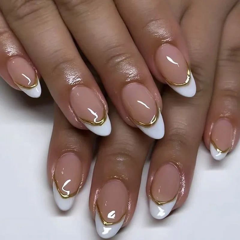 24Pcs Short Round Head Nails Set Press on Golden Edge French Design Fake Nails Tips Wearable Almond Full Cover False Nail Patch 3444
