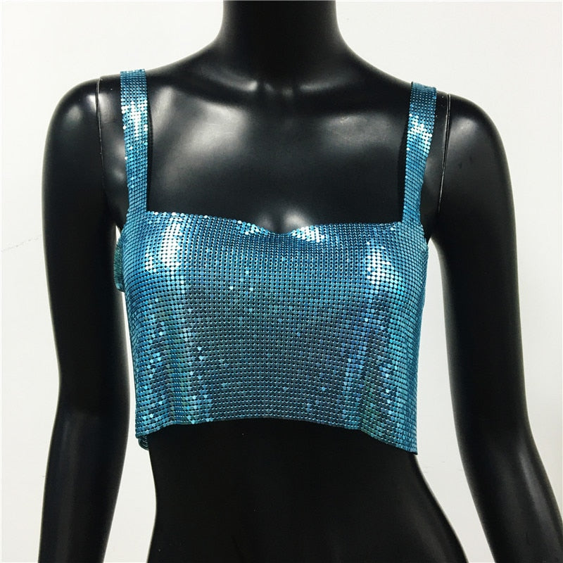 Sexy Metal Sequin Tank Top For Women y2k Summer Beach Backless Crop Top Rave Festival Club Outfits Camisole