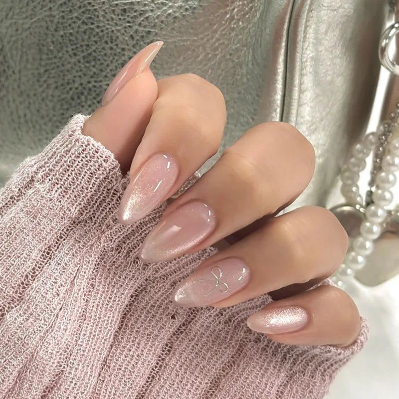 24Pcs Fashion Almond Head Full Cover Nail Tips Nude Pink Oval Press on Fake Nails Short False Nails with Red Love Pattern Design MY103