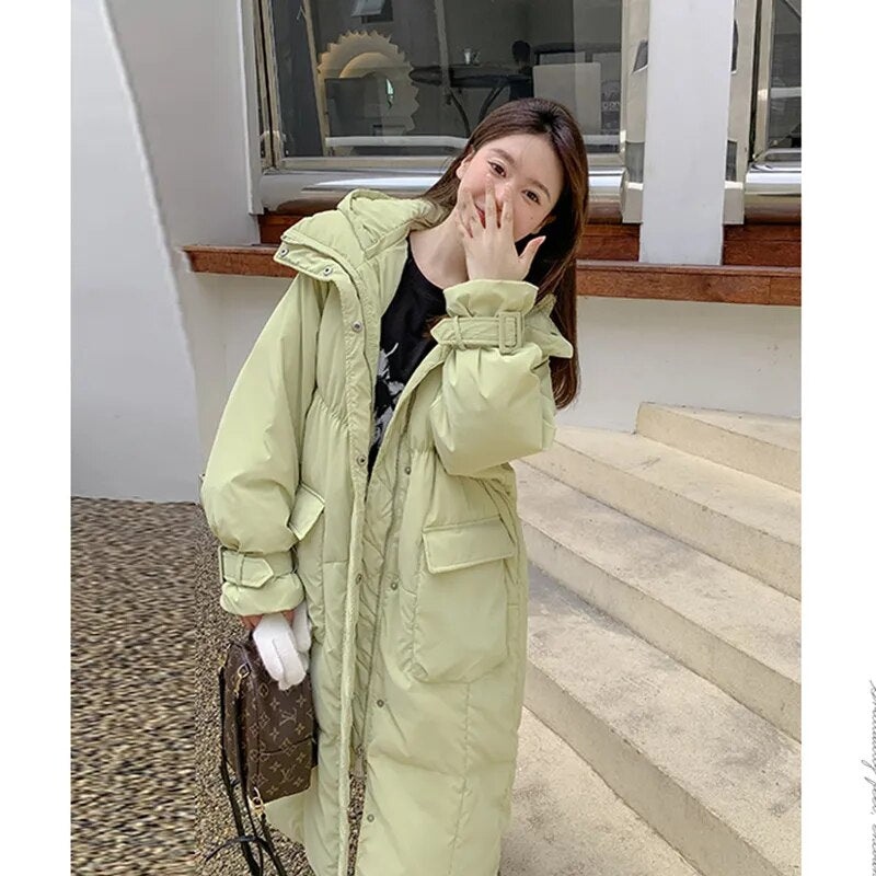 Women's Green Down Jacket Hooded Long Cotton Clothes Winter New Korean Fashion Loose Oversized Warm Thicken Windproof Coat Tops