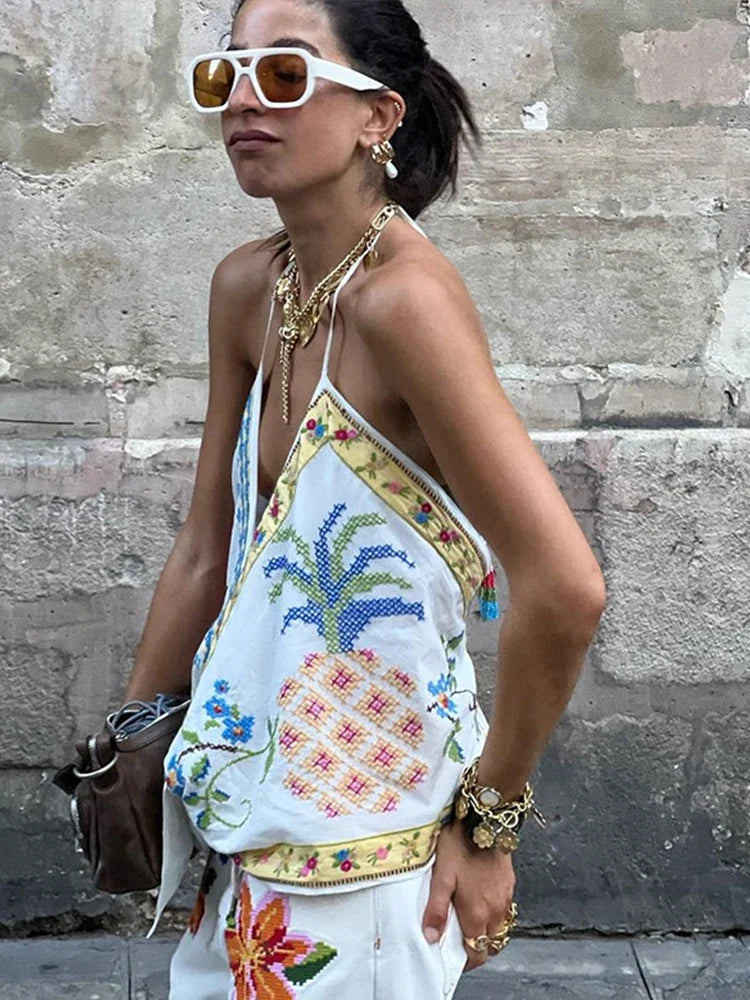 Beach Print Tank Top Pants Sets Women Fashion Halter Backless Sleeveless Vest Wide Leg Zipper Pants 2 Pieces Set Female 2024