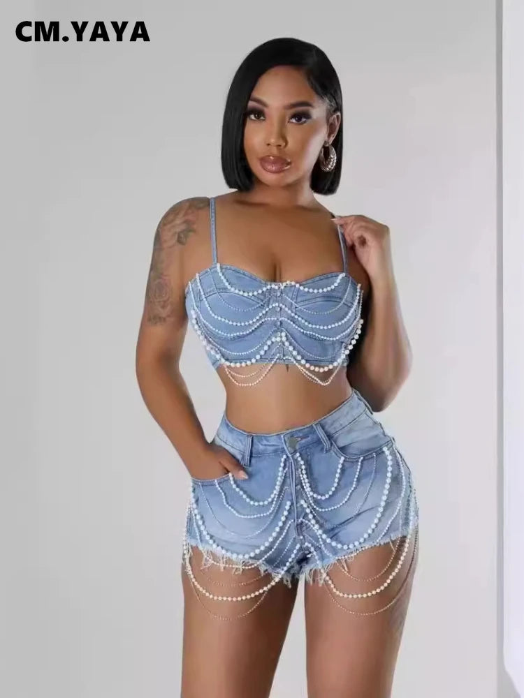 CM.YAYA Women Set Denim Strapless Pearl Beading Top + shorts Sets Street Casual Two 2 Piece Set Sexy Party Outfit 2024 Summer Blue