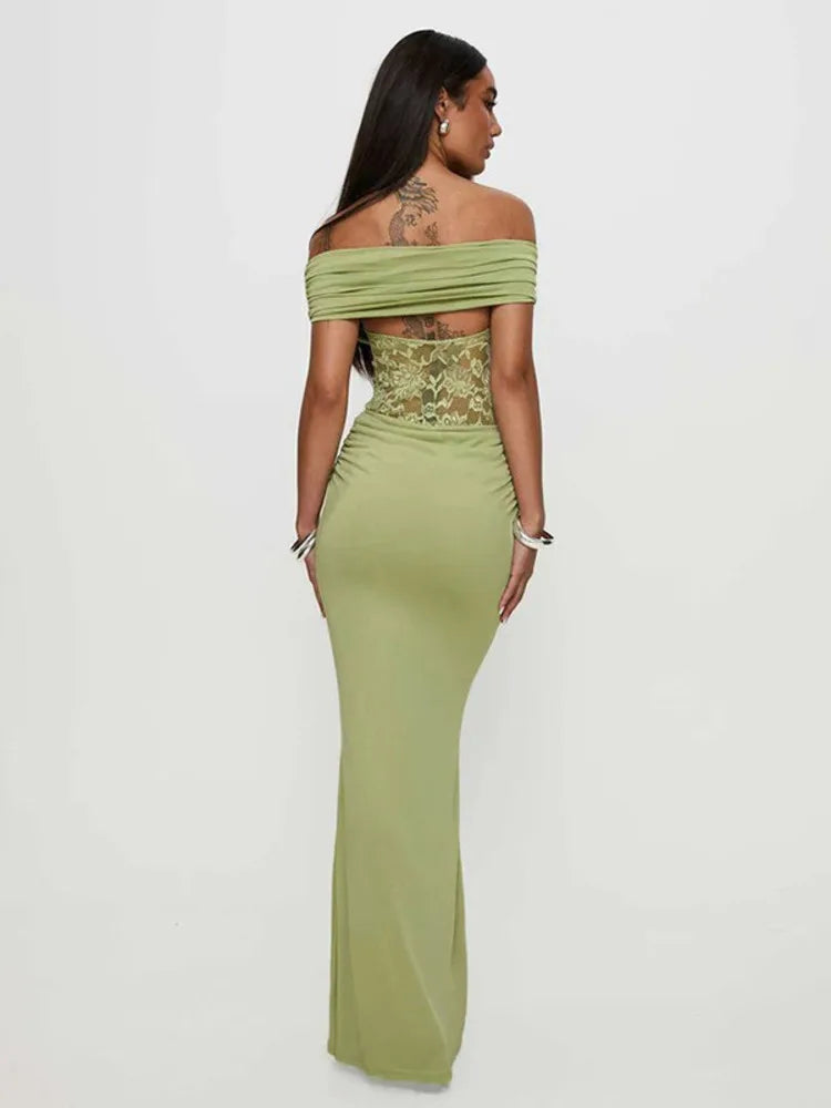 Off-shoulder Strapless Sexy Maxi Dress For Women Green Lace Sheer Sleeveless Backless Bodycon Club Party Long Dress