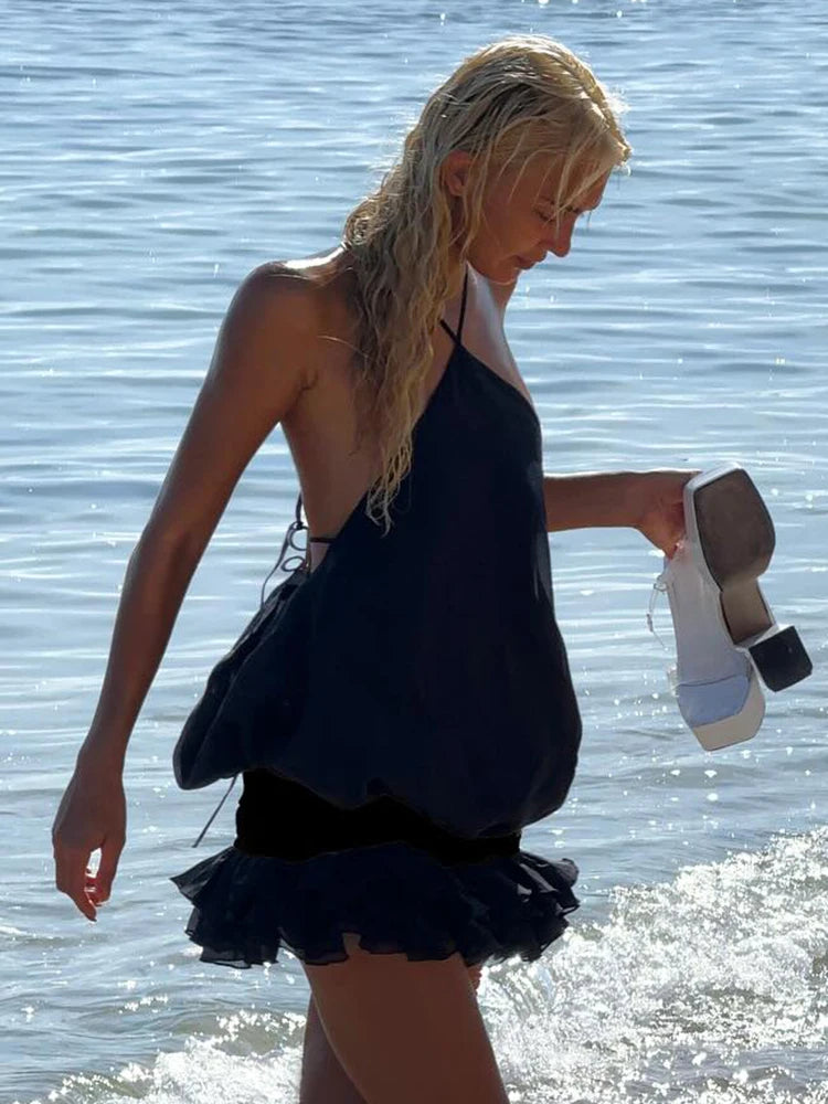 Edgy Black Halter Sleeveless Mini Dress Gown with Open Back for Trendy Parties